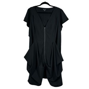 City Chic Front Zip Solid Black Abstract Dress Drape Pockets Size XL Or 22